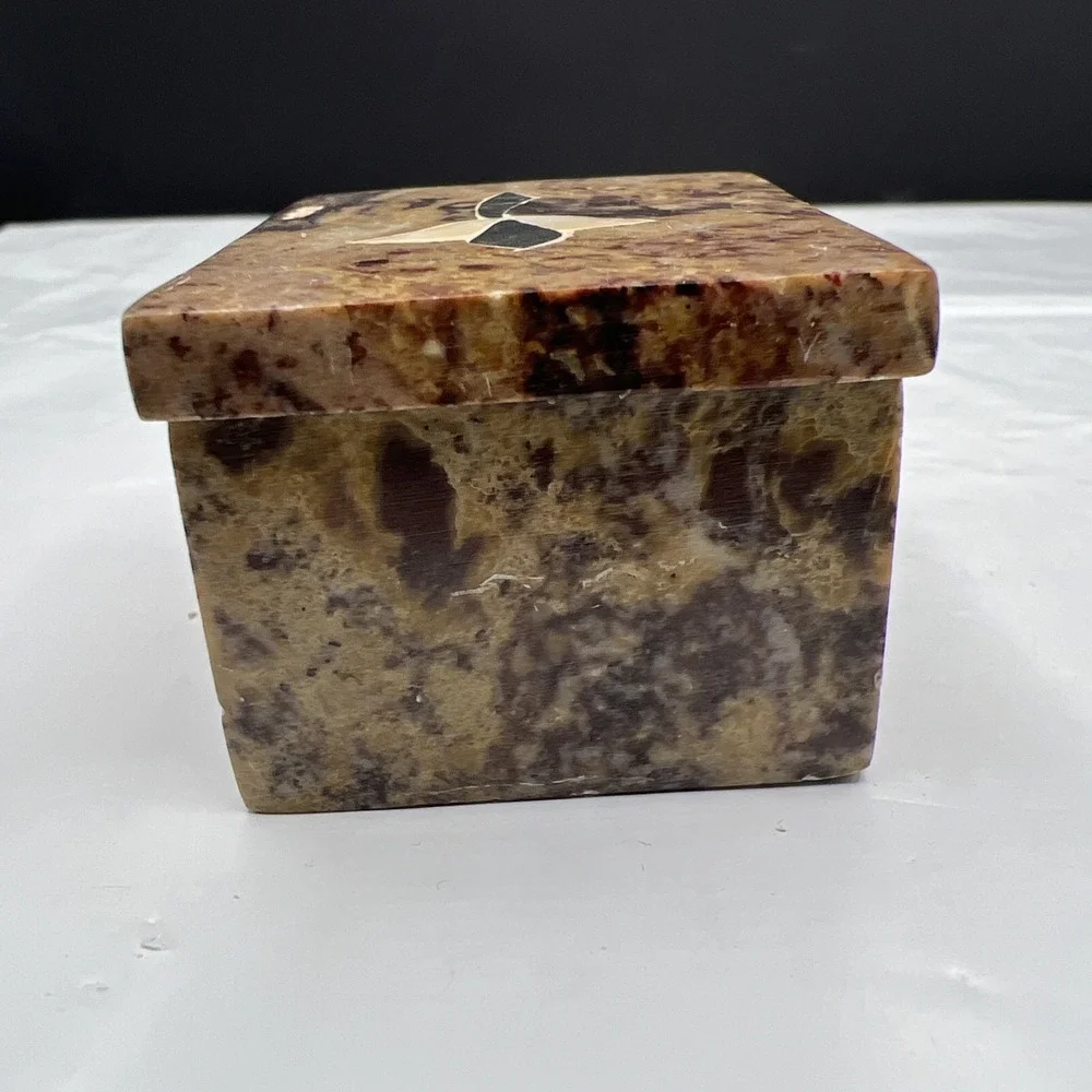 Vintage Jerusalem Stone Trinket Box Inlay Floral Mother of Pearl Small Box